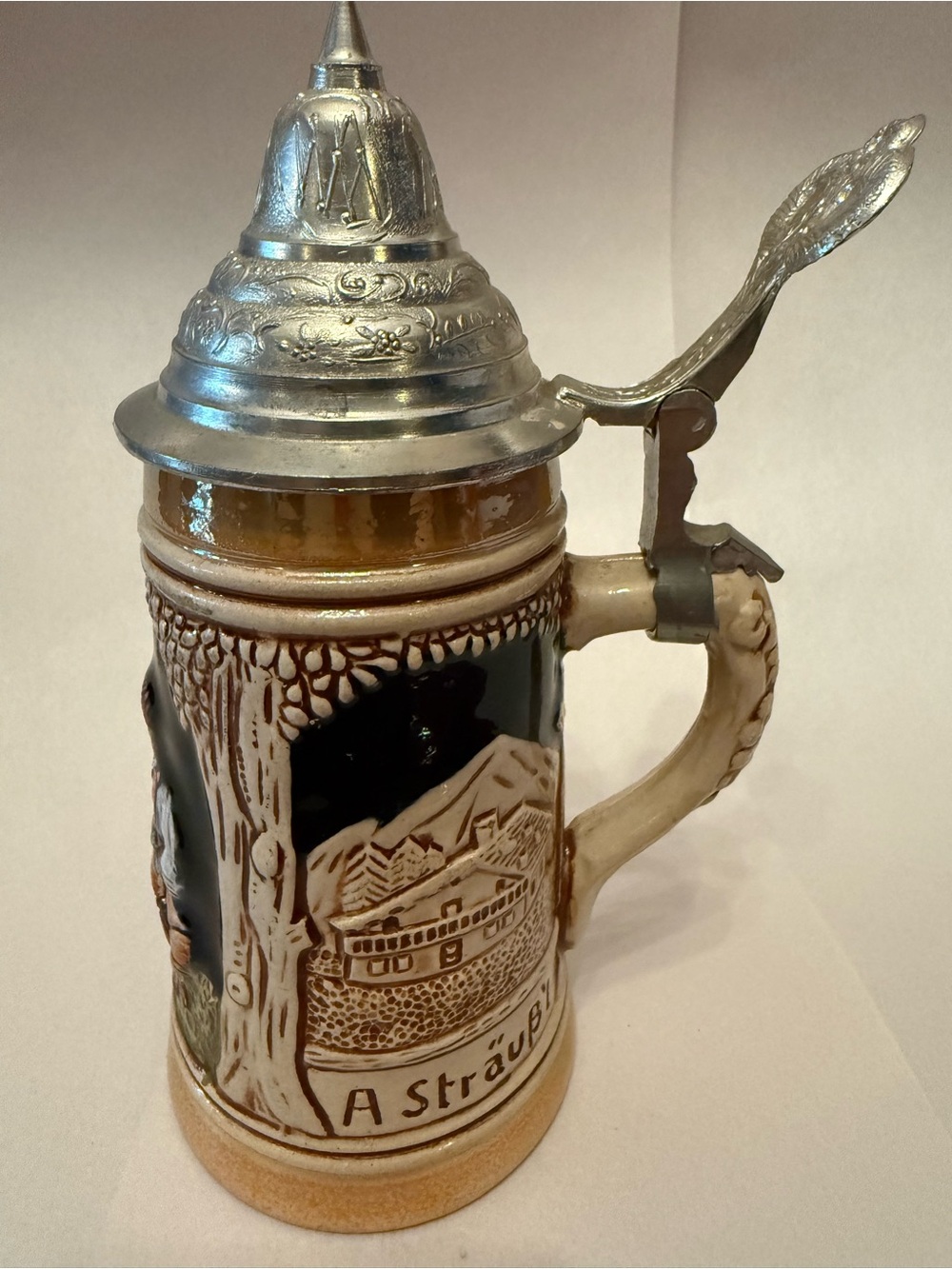 German-Style Ceramic Beer Stein with Pewter Lid - - Picture 2 of 10